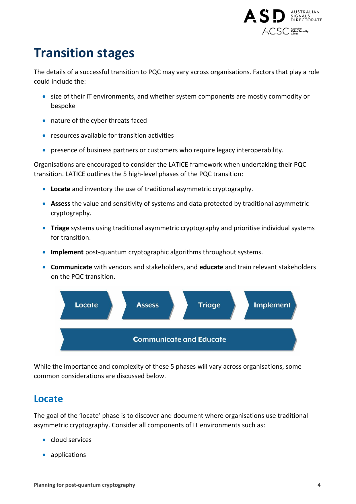 Australian Signals Directorate LATICE transition stages diagram for post-quantum cryptography planning